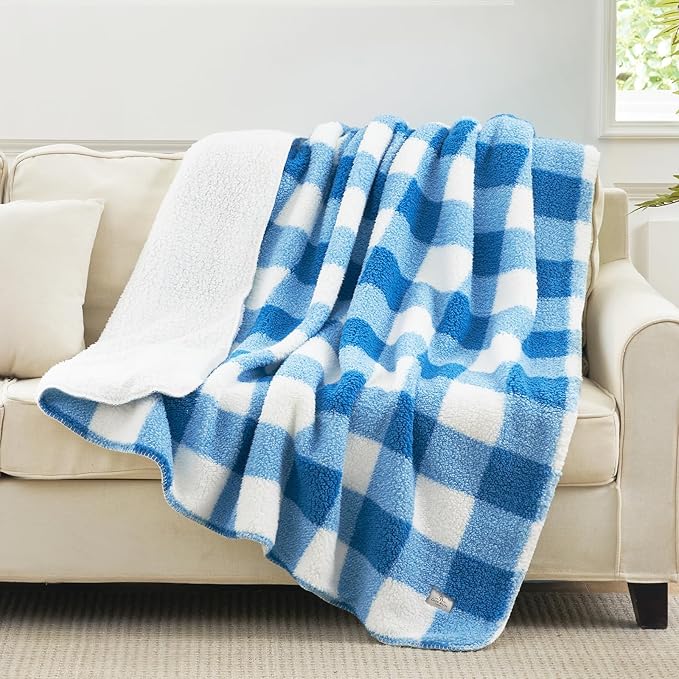 Cozy Bliss Ultra Soft Reversible Double Sherpa Sided Blanket, Buffalo Plaid Throw Blanket Fluffy Thick Warm Plush Fuzzy Blanket for Couch, Bed and Gifts (Light Blue, 50" x 60")
