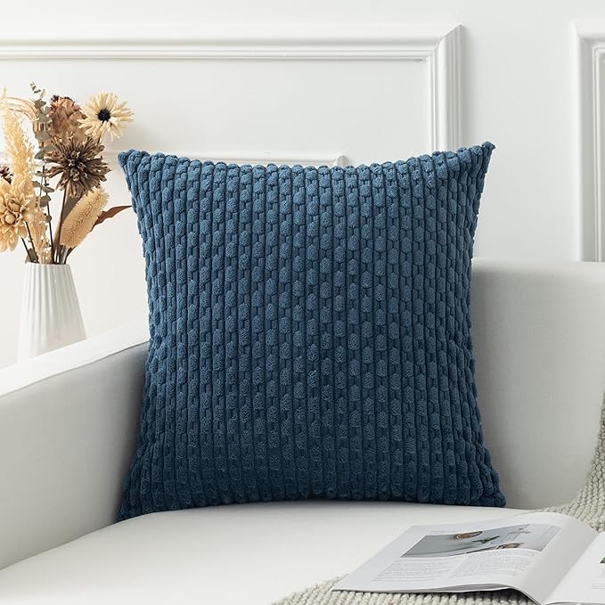 Kevin Textile Pack of 2 Blue Corduroy Decorative Throw Pillow Covers 24x24 Inch Soft Boho Striped Pillow Covers Modern Farmhouse Home Decor for Autumn Sofa Living Room Couch Bed