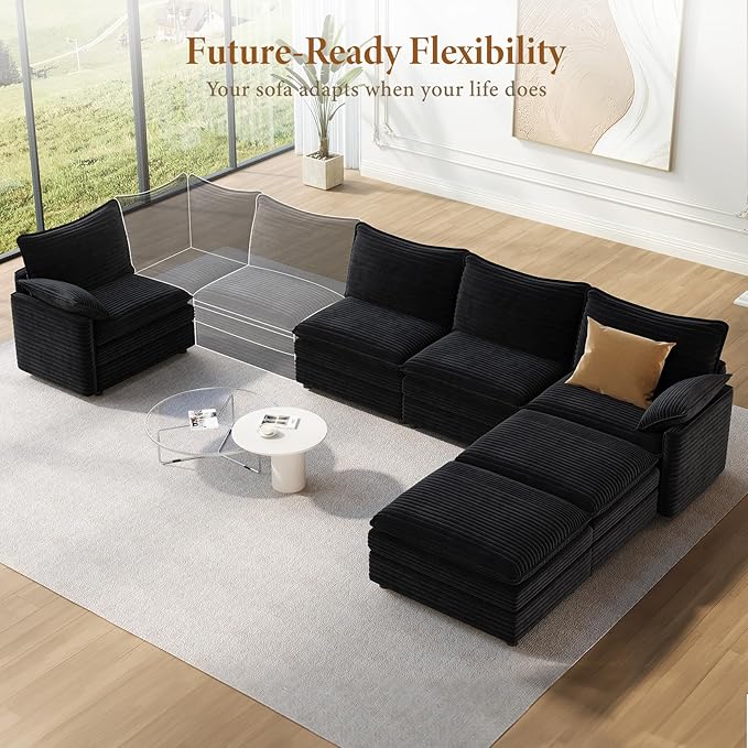Vesgantti 142" U Shaped Sectional Couch, Comfy Cloud Modular Sectional Sofa with 2 Ottoman Deep Seat Corduroy Modern Cloud Sofa, Modular Sofas for Living Room, Bedroom and Apartment, Black