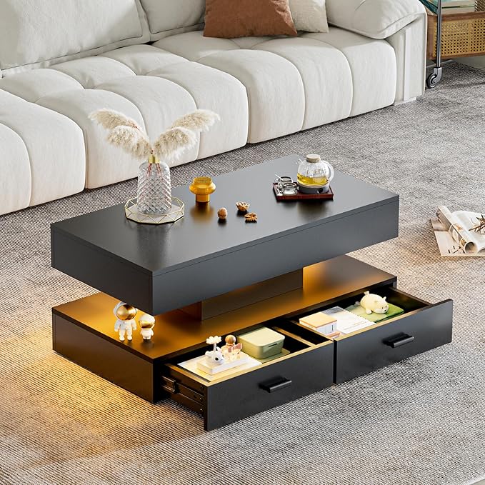 LED Coffee Table for Living Room,47.2" Large Living Room Table 2-Tier High Glossy Coffee Table with Storage,Rectangular Wooden Tea Tables for Home Office,Black