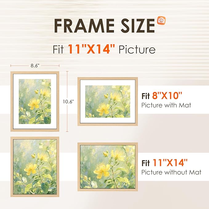 FIXSMITH 11x14 Picture Frame 2 Pack, Photo Frame with HD Plexiglass, Display Pictures 8x10 with Mat or 11x14 Without Mat, Natural Picture Frames Collage Wall Decor, Gallary Wall Frame