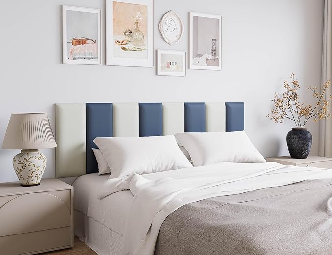 Leather Black and White Upholstered Queen Headboard, 12PCS Peel and Stick Wall Panels, Tufted Bed Backboard for Modern Wall Beds, 10"x24" Each, Leather - Blue and White