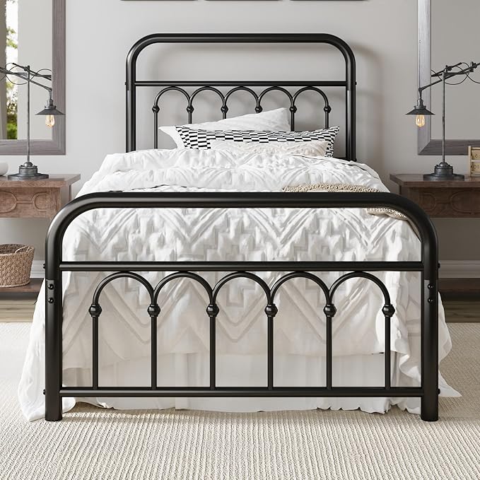 Allewie 14 Inches Twin Size Metal Platform Bed Frame with Victorian Style Curved Iron-Art Headboard/Footboard, Metal Slats Support, Easy Assembly, Under Bed Storage, No Box Spring Required, Black