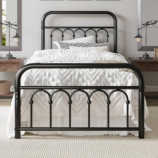 Allewie 14 Inches Twin Size Metal Platform Bed Frame with Victorian Style Curved Iron-Art Headboard/Footboard, Metal Slats Support, Easy Assembly, Under Bed Storage, No Box Spring Required, Black
