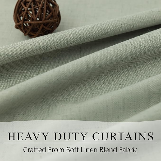 Sage Green Linen Curtains 108 Inches Long 2 Panel Set 100% Blackout Insulated Thermal Curtains for Summer Heat Blocking Light Green Drapes for Bedroom Living Room Sliding Door Rustic Country Farmhouse