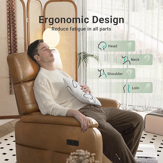 Claiks Power Swivel Rocker Recliner Chair, Oversized Recliner Chairs for Adults, PU Leather Overstuffed Reclining Chair with USB and Type-C Ports for Living Room, Brown