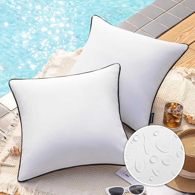 Phantoscope Pack of 2 Outdoor Waterproof Throw Pillow Covers with Contrast Piping, Decorative Square Cushion Case Patio Pillows for Couch Tent Sunbrella, Pure White 20x20 inches