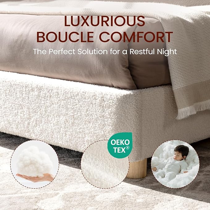 Full Size Boucle Bed Frame, Upholstered Cloud Bed Frame with Adjustable Headboard, Solid Wood Legs, Rounded Corners Design & Easy Assembly – Modern Platform Bed,Cream