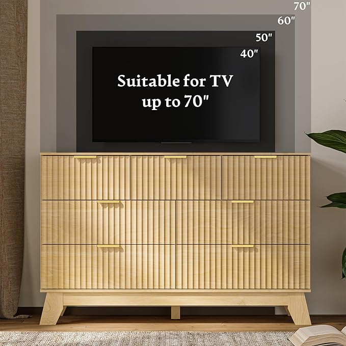 Fluted Dresser for Bedroom with 7 Drawer, Mid Century Modern Chest of Drawers, 48" Wide Natural Wood Dresser for Closet, Wooden Boho Chest Closet Storage TV Stand for Bedroom, Nature