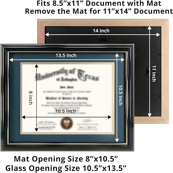 GraduationMall 8.5x11 Diploma Frame with Navy over Gold Mat or Display 11x14 Certificate without Mat,Solid Wood & UV Protection Acrylic,Glossy Black Finish with Gold Trim