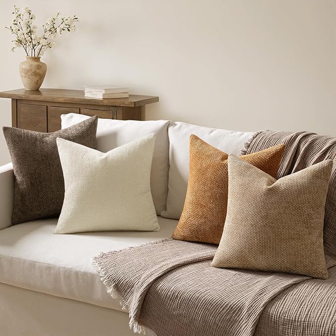 MIULEE Pack of 4 Brown Couch Throw Pillow Covers 18x18 Inch Soft Fall Decorative Chenille Pillows Farmhouse Accent Cushions for Boho Home Decor Spring Sofa Bedroom Living Room