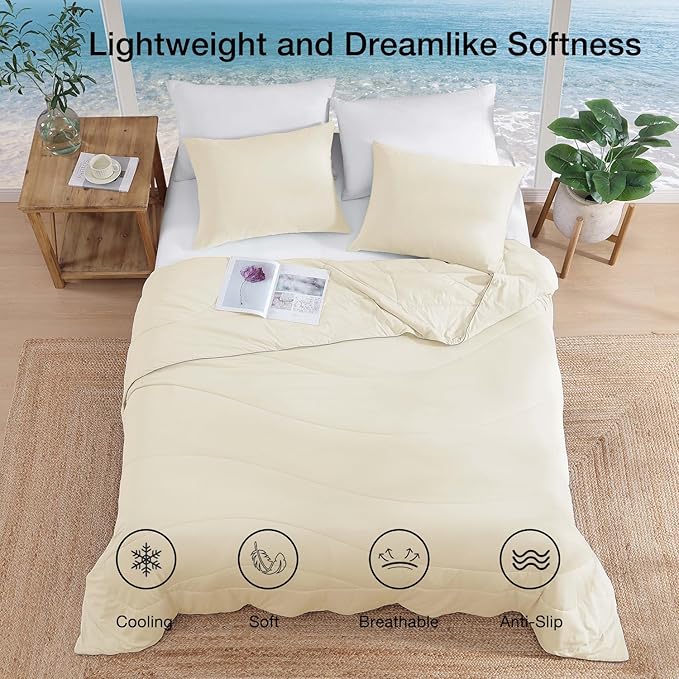Monbix ChillChilla Cooling Comforter Queen Size-3 Pieces Cooling Blankets for Hot Sleepers and Night Sweats, Double-Sided Summer Queen Comforter Set, Breathable Lightweight Blanket Cream White