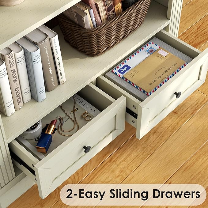 71’’ Tall Arched Bookcase with Stroage of 2 pcs, Farmhouse 5-Tier Arch Bookshelf with Drawers, Freestanding Book Shelf with Adjustable Shelf and Roman Column Pattern for Home Office (2, White)