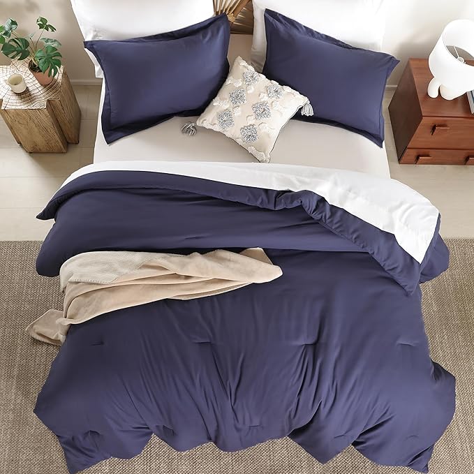 weigelia King Size Comforter Set 7 Pieces Navy Blue Bed Comforter Set Bed in a Bag Solid Color Soft Microfiber King Bedding Set with Sheets, Pillow Shams and Pillowcases