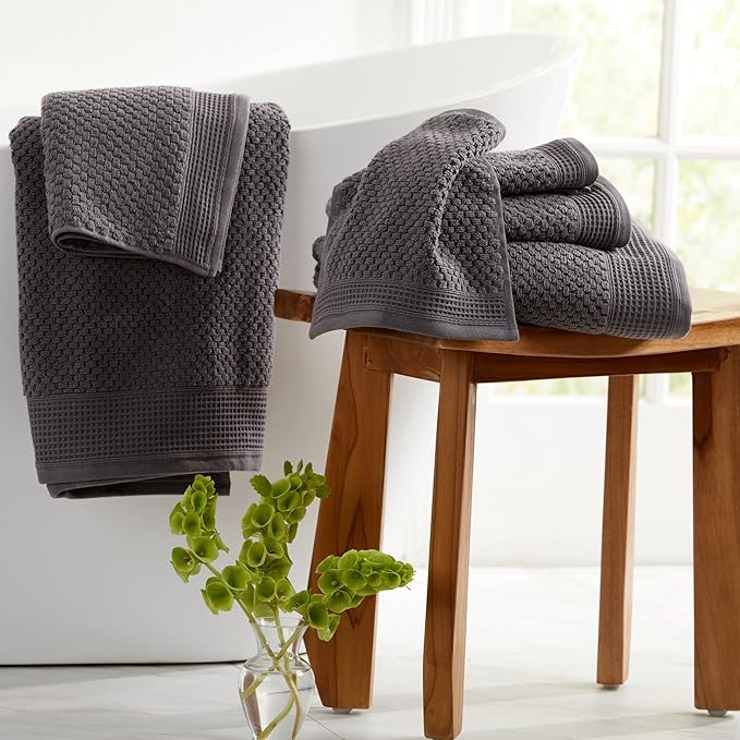 100% Cotton Waffle Textured 6 Piece Towel Set| Super Soft Quick Dry Bath Towels | Decorative Towels for Bathroom | 2 Bath Towels, 2 Hand Towels, 2 Washcloths | Belle Collection (Charcoal)