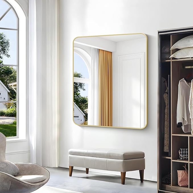 BONEWEI Gold Bathroom Mirror,40x48 inch Wall Mirror for Bathroom Wall Mounted,Round Rectangle Mirror for Bathroom Over Sink,Modern Frame for Home Decor Living Room,Bedroom Entryway,Horizontal/Vertical