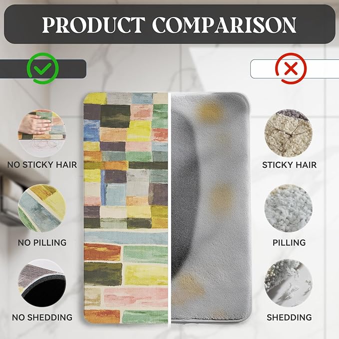 MontVoo -Bath Mat-Non Slip Thin Bathroom Rugs Fit Under Door- Quick Dry Absorbent Faux Suede Surface Grey Bathroom Floor Mats-Shower Rug for in Front of Bathtub Shower Colorful Plaid 16x24