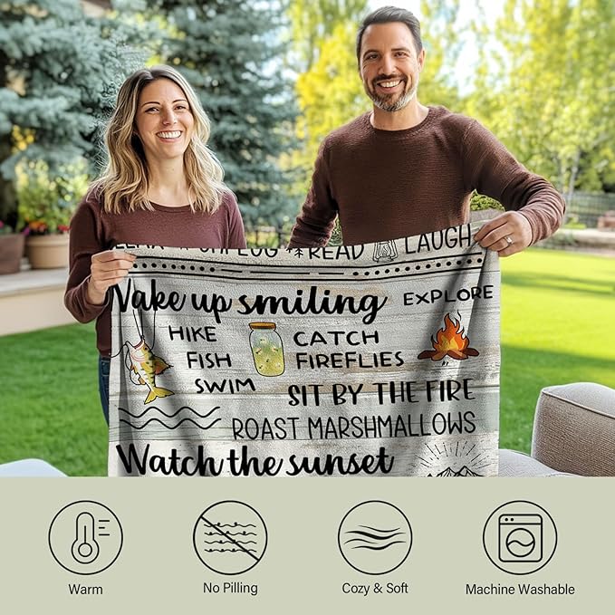 Camping Gifts for Women Men, Camp Blanket Gifts for Camper Lovers, Happy Campers Decor Outdoor Travel Hiking 50" x 60", Camping Rules Throw Blanket for Fathers Day