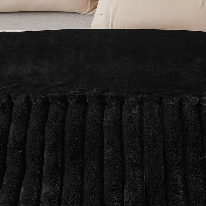 Faux Fur Throw Blanket for Couch, Cozy Warm Plush Striped Blanket for Sofa Bedroom Living Room, 50x60 Inches Black