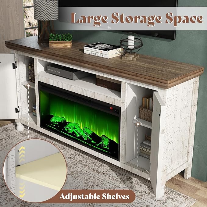 AMERLIFE 70” Fireplace TV Stand for TVs up to 75”, Solid Wood Entertainment Center with 36”Electric Fireplace Insert, Farmhouse Media Console with Storage, Distressed White