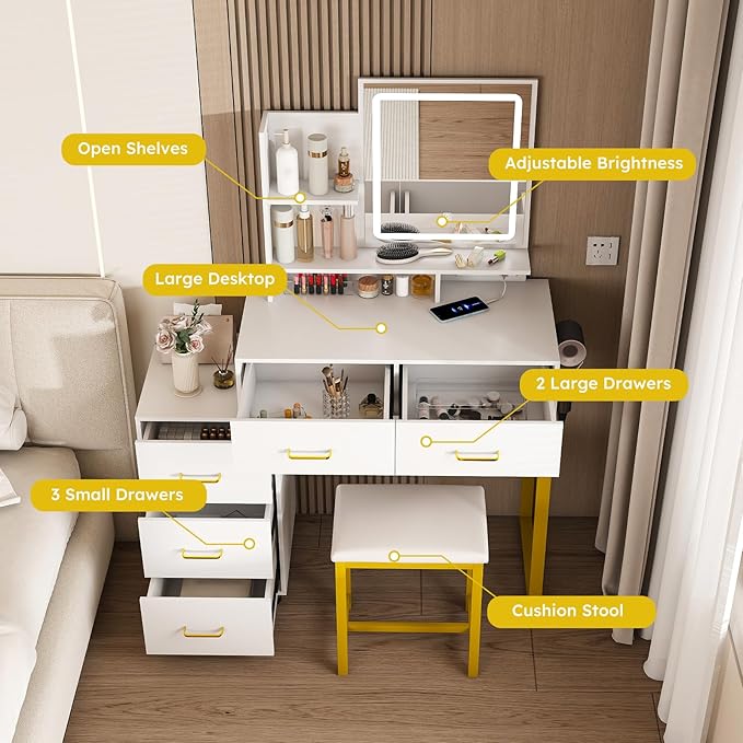 Vanity Desk with Mirror and Lights, Makeup Vanity Table with 5 Drawers, LED Light with 3 Color Settings & Power Outlet, White Vanity with Chair for Bedroom or Dressing Room