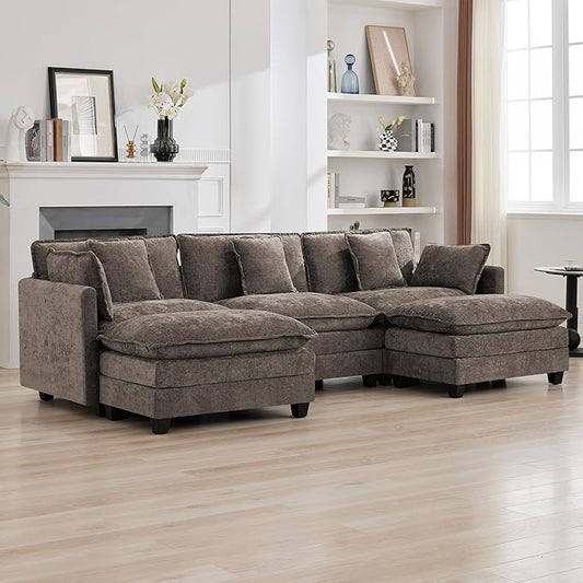 111'' Sectional Cloud Deep Seat Couch, Oversized Chenille U Shaped Sectional Sofa for Living Room Set, Comfy Upholstered Modular 3-Seats Sectional Sofa Couch with 2 Movable Ottoman, Brown