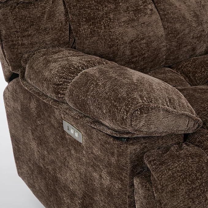 GINGO Power Oversized Recliner Chair, Extra Wide Swivel Rocking Recliner Chair, Breathable Soft Fabric Modern Single Sofa for Living Room, 90°-140° Electric Adjustable Angle, USB & Type-C Port, Brown