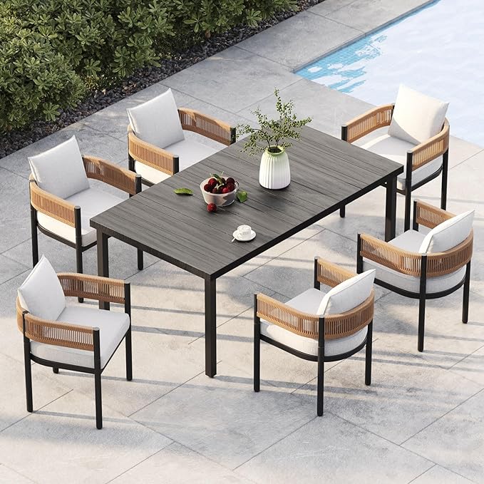 Grand patio Outdoor Dining Set for 6, 7PCS Patio Table and Chairs Set, Metal Woven Wicker Fixed Patio Chairs with Thickened Cushions & Rectangular Woodgrain Dining Table with Umbrella Hole (Natural)