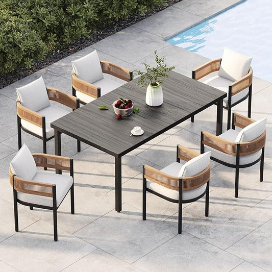 Grand patio Outdoor Dining Set for 6, 7PCS Patio Table and Chairs Set, Metal Woven Wicker Fixed Patio Chairs with Thickened Cushions & Rectangular Woodgrain Dining Table with Umbrella Hole (Natural)