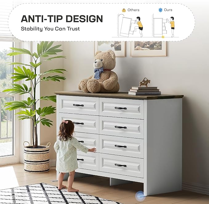 Amada Farmhouse 8 Drawer Dresser for Bedroom, 47.2 Inch Wide Wood Dresser with Natural Texture, Large Drawers, Rustic Farmhouse Chest of Drawers for Bedroom, Living Room, Hallway, Brown & White