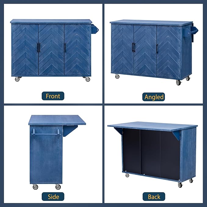 51.2" W 3D Wave Stripes Ash Veneer Kitchen Island with Drop Leaf, Farmhouse Kitchen Island on Wheels with Internal Storage Rack, Rolling Cart, Not Cheap Paper, Navy Blue