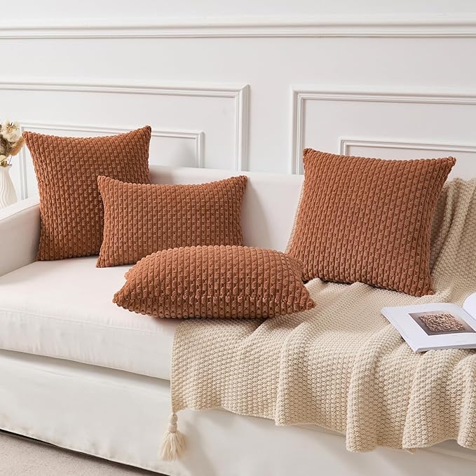 Kevin Textile Fall Decorative Pillow Covers Set of 2 Striped Plush Corduroy Pillows Pillowcases Boho Home Decor Cushion Covers for Couch Sofa Bed Living Room 18x18 Inch, Burnt Orange