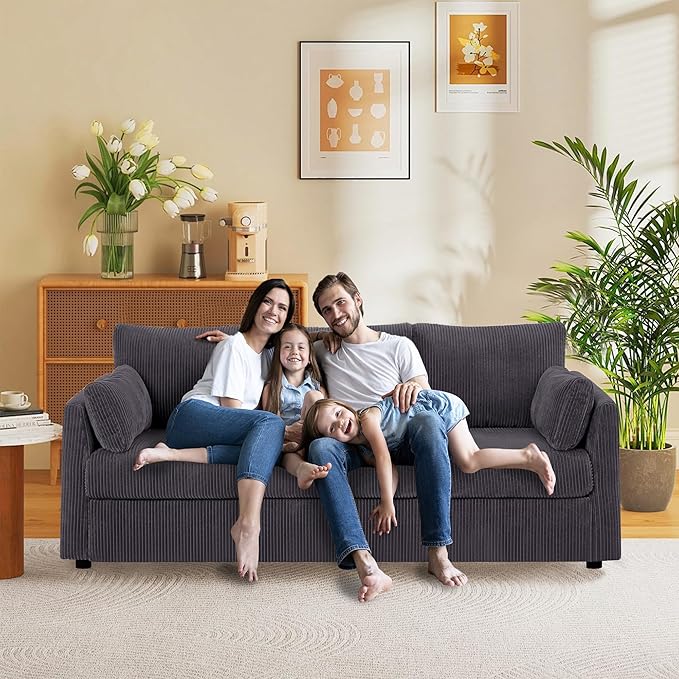 79 inch Sofa for Living Room,Mid Century Modern Couch with Big Pockets, Corduroy Couch with Three Cushions and Solid Wood Frame for Apartment and Small Spaces (Grey, Sofa)