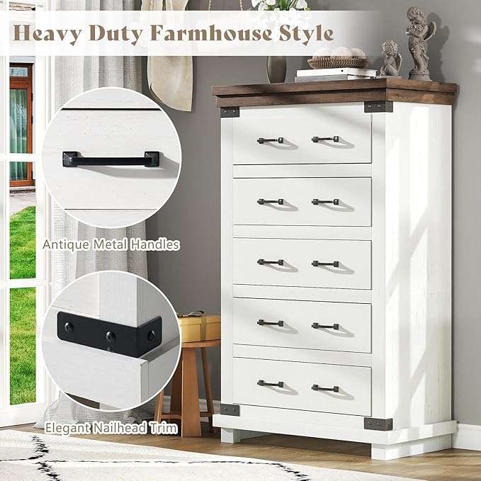 AMERLIFE Farmhouse 5 Drawers Dresser Chests for Bedroom, 48" Tall Wood Rustic Chest of Drawers/w Thick Plank Styling, Heavy Duty Closet Storage Dresser Organizer, Living Room, Hallway, Antique White