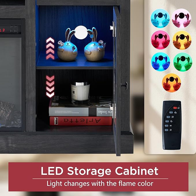 Farmhouse 70" Fireplace TV Stand with 37" Electric Fireplace, Large LED Entertainment Center with Storage for 80" TVs, TV Console Cabinet with Diamond Door for Living Room, Dark Grey