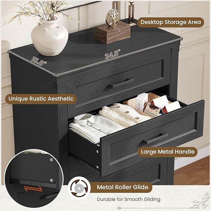 Hasuit Tall Black Dresser for Bedroom with 5 Drawers, Wooden Farmhouse Dresser Chest of Drawer with Thick Styling, Large Capacity Storage Cabinet with Wide Drawer, Dressers for Living Room Hallway