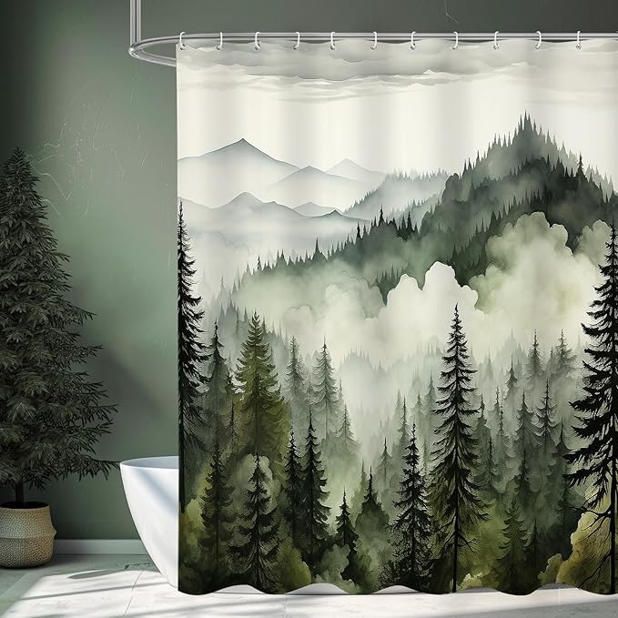 Dark Green Misty Pine Forest Shower Curtain, Mountain Foggy Woodland Scenery Tree Shower Curtains for Chic Rustic Bathroom, Abstract Modern Waterproof Nature-Themed Decor, 72x72 Inches