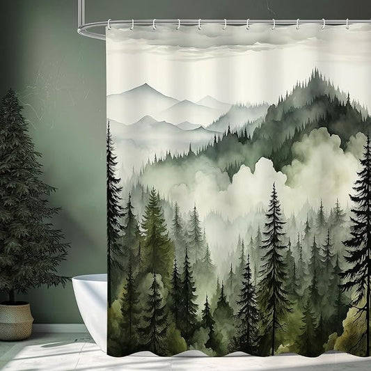 Dark Green Misty Pine Forest Shower Curtain, Mountain Foggy Woodland Scenery Tree Shower Curtains for Chic Rustic Bathroom, Abstract Modern Waterproof Nature-Themed Decor, 72x72 Inches