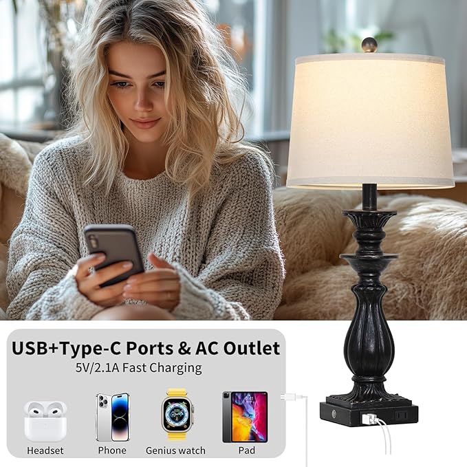 28" Farmhouse Table Lamps Set of 2 for Living Room, 3 Way Dimmable Bedside Lamp with USB C+A Ports & AC Outlet, Resin Vintage Tall Nightstand Lamps for Bedroom Office Hallway, Black