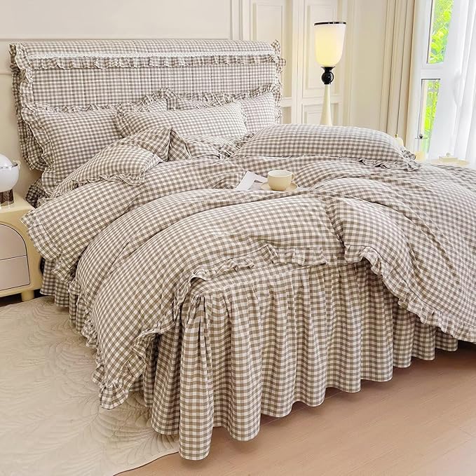 mixinni Vintage Ruffle Tan Gingham Comforter Set 3-Piece Washed Cotton Queen Beige Grid Bedding Set with Taupe Geometric Checkered Pattern, Farmhouse Chic Soft Fluffy Comforter for All-Season