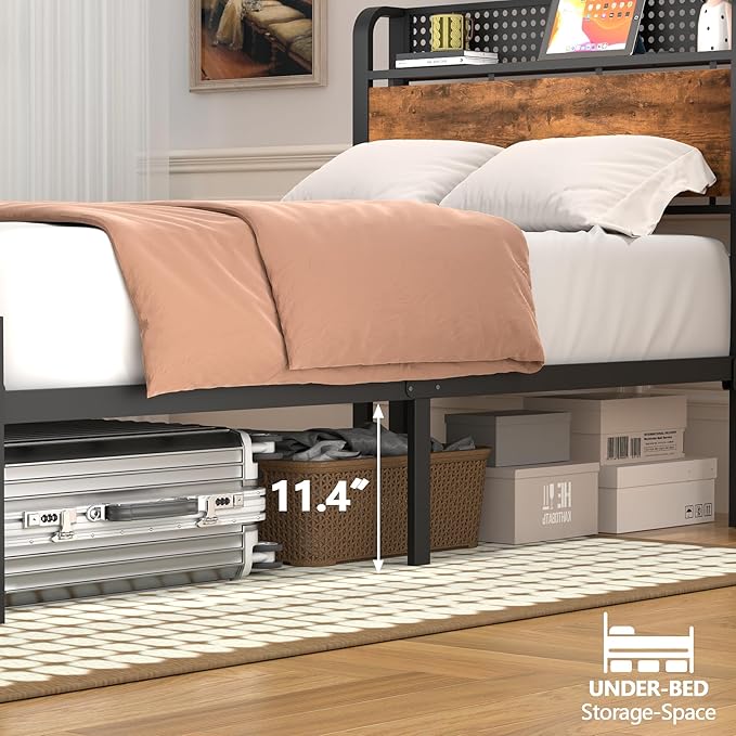 Furnulem Bed Frame Twin Size with LED Lights & Charging Station,Bedframe with Wood Storage Headboard,Metal Platform Bed with Under Storage,USB Port,Strong Metal Slats,No Box Spring Needed