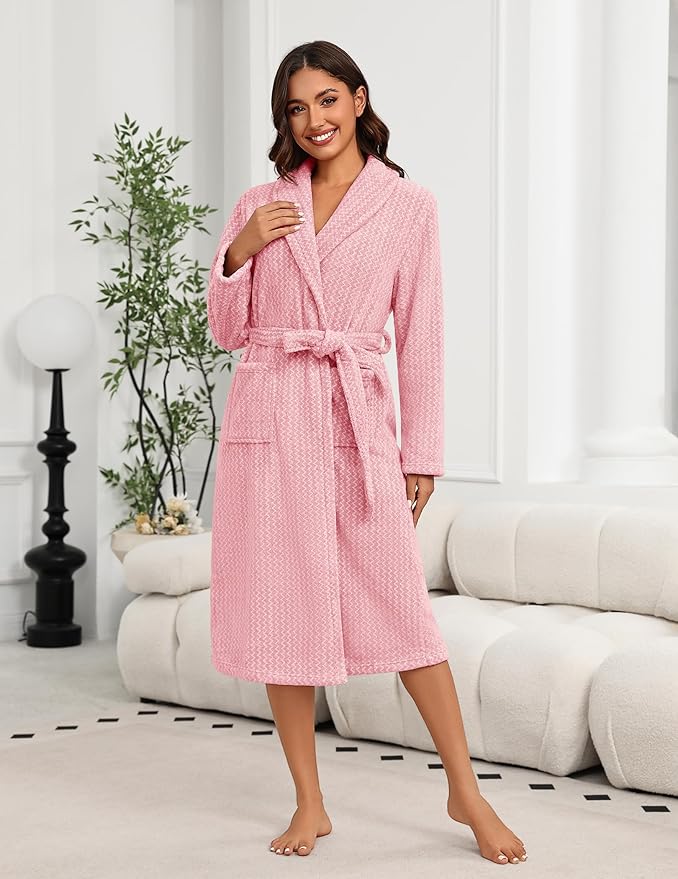Ekouaer Women's Robe Plush Soft Long Bathrobe Cozy Warm Shawl Collar Spa Robe with Pockets