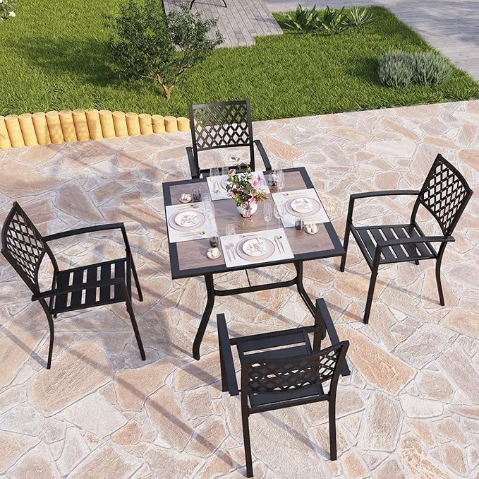 PHI VILLA Metal Outdoor Patio Dining Chairs and 37"x37" Wood-Like Square Table Furniture Set of 5