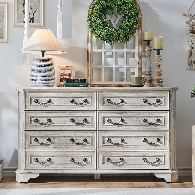 T4TREAM Farmhouse 8 Drawers Dresser for Bedroom, 54" Wide Wood Rustic Chest of Drawers with Natural Texture, Vintage Design, Storage Dressers Organizer for Bedroom, Living Room, Distressed White