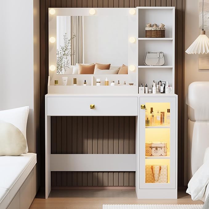 Makeup Vanity with Mirror and Lights, 34'' Wide Dressing Table with Charging Station & RGB Glass Cabinet, Small Vanity Desk with 3 Color Lighting Modes & Adjustable Brightness, White