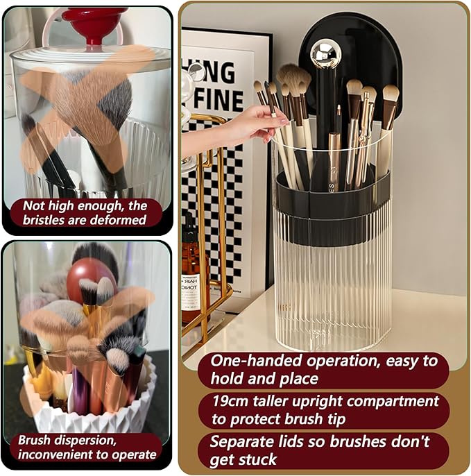 Makeup Brush Holder with Lid, One-Hand Press Open/Close Mechanism Cosmetic Tools Organizer, Clear Waterproof Dustproof Make Up Storage for Vanity, Bathroom Countertop-Black-Silver Ball