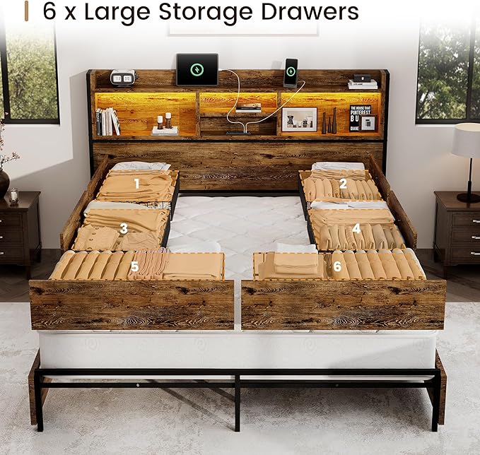 Queen Storage Bed Frame with 6 Drawers, USB Charging Station, No Noise, No Box Spring Required, Vintage Brown Headboard Platform Bed