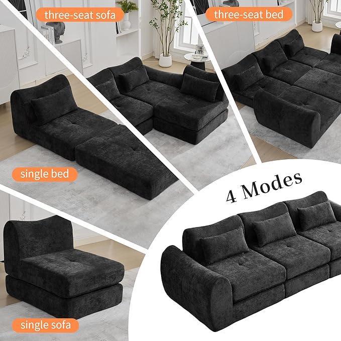MAXMAXX 102" Modular Sectional Cloud Sofa,4-in-1 Folding Convertible Sofa Bed, Floor Boneless Couch, Modular Cushion Couch,Suitable for Living Room,Bedroom and Recreation Room (Black)
