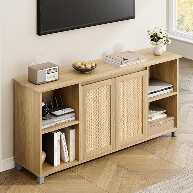 GarveeHome 70" Mid-Century Modern TV Stand - Rattan Door Entertainment Center with 2 Storage Cabinets & 3 Open Shelves, Media Console for Living Room (Natural)
