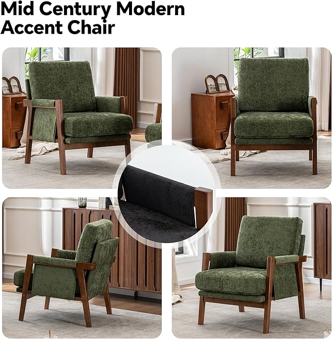 Mid Century Modern Accent Chair with Wood Frame, Upholstered Living Room Chairs with Wide Armrest, Chenille Fabric Comfy Arm Chair for Bedroom, Reading Room, Balcony (2, Green)